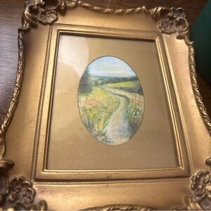 Original landscape art w/ path wildflowers painting in gold ornate frame